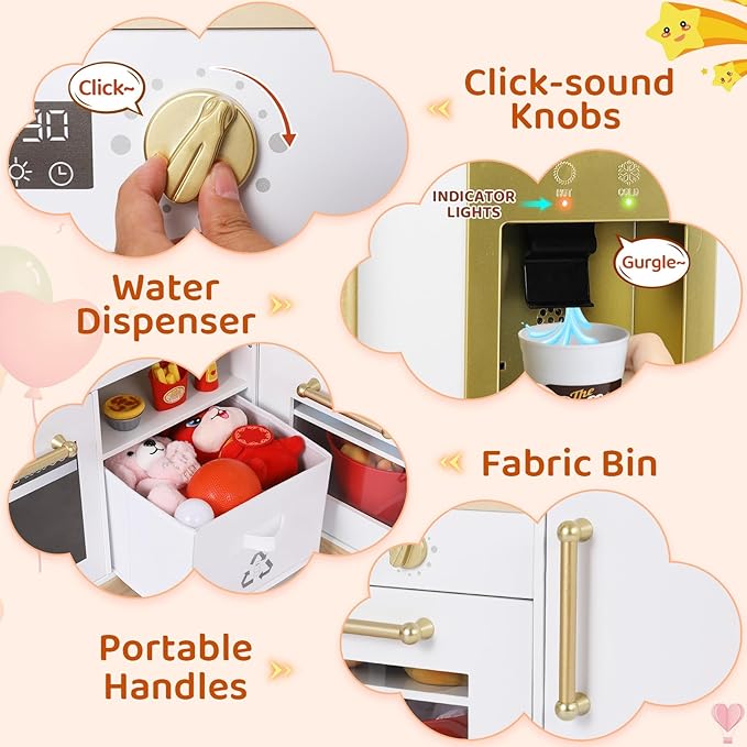 Arlopu Corner Wooden Play Kitchen with Lights & Sounds, Ultimate Pretend Cooking Toy Playset w/Utensils, Oven, Microwave, Stove, Water Dispenser (White)