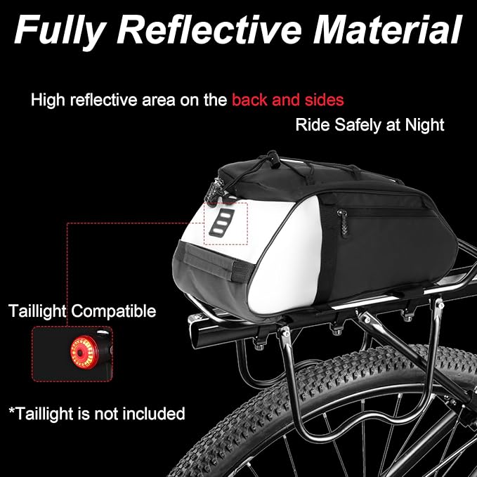 Dreamoon Waterproof Bike Rear Rack Bag, 10L Large Capacity Bicycle Trunk Bag, Reflective Cycling Saddle Panniers with Shoulder Strap, Bike Backseat Bag for Commuter & Outdoor Travel
