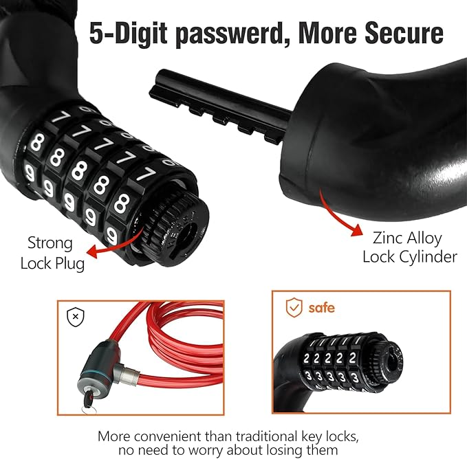 Heavy Duty Bike Chain Lock – 5 Digit Combination Anti-Theft Bicycle Lock, 4.7 Feet,Hardened Steel Square Links,High Security Keyless Bicycle Lock for E-Bike, Motorcycle, Scooter, Gate