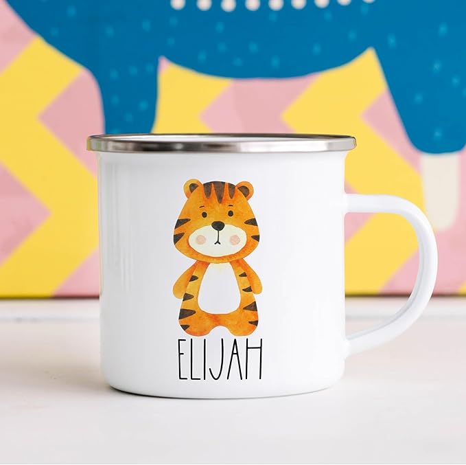 Personalized Mug for Kids, Boys, Girls | Customized Cocoa, Hot Chocolate, Coffee & Milk Cup | Custom Name Birthday Gift Party Favors | 11 Oz Stainless Steel Camping Mug Unbreakable | Tiger
