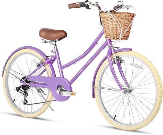 Glerc 20 24 26 Inch Beach Cruiser Bike, 6-Speed Hybrid City Bicycle for Girls Youth and Over 6 Years Old, Missy Bike with Wicker Basket & Lightweight, Multiple Colors