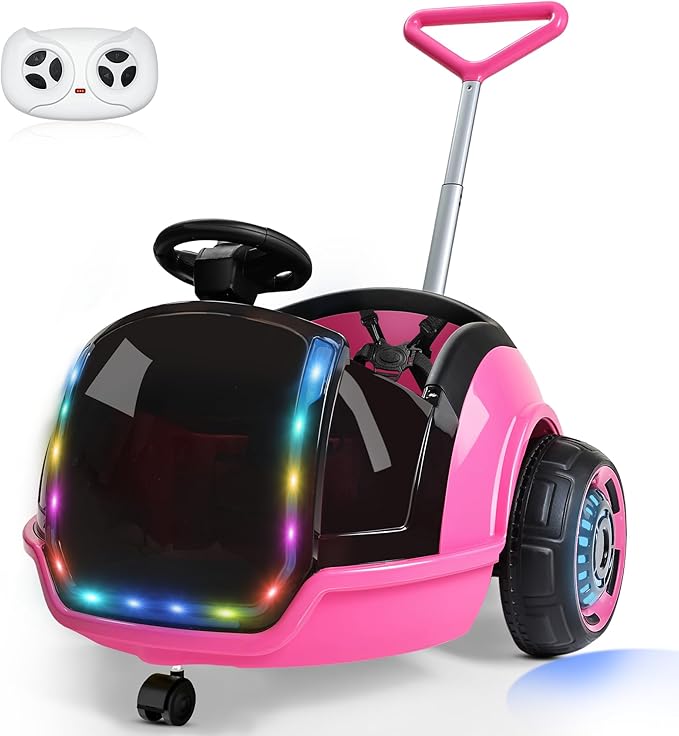 ANPABO 3-in-1 Electric Push Ride On Car, 12V Kids Ride On Toy w/Remote Control, 360° Spin, 5-Point Safety Belt, Colorful LED Light, Music Player, Push Car for Toddler Ages 1-3 (Pink)