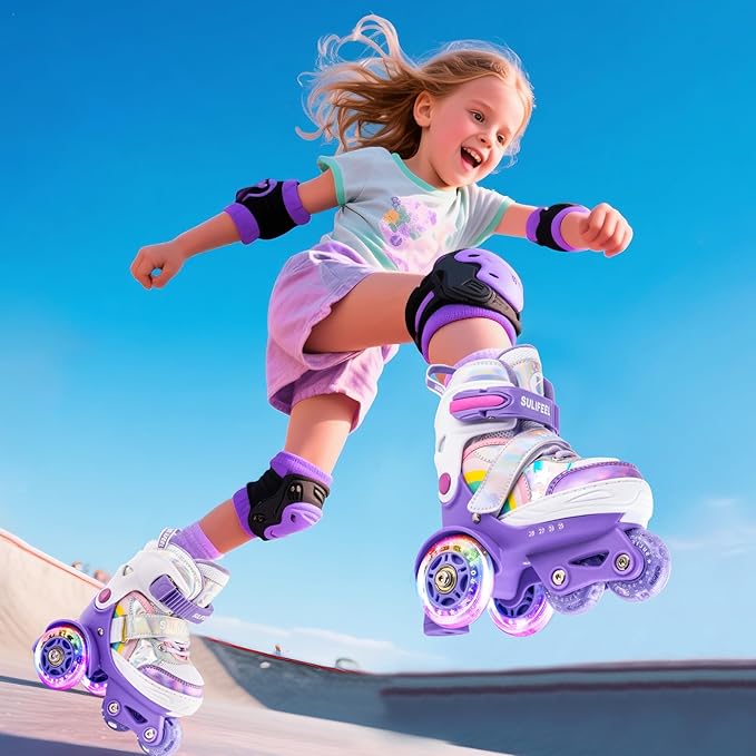 SULIFEEL Rainbow Unicorn 4 Size Adjustable Light up Roller Skates for Girls Boys for Kids