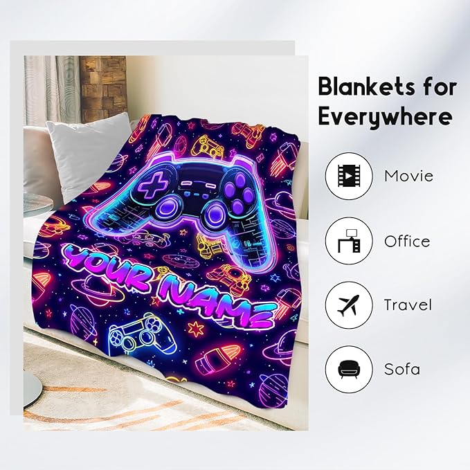 Gamer Blanket - Kids Blankets for Boys - Personalized Gaming Gifts for Game Lovers - Cozy Fleece Throws for Sofa Bed - 4 Size Options