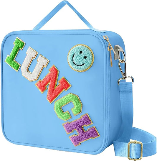 Insulated Lunch Bag With Adjustable Shoulder Strap, Nylon Preppy Lunch Box Large Insulated Lunch Bag Reusable Lunch Tote Bag with Smiley Preppy LunchBag for Girls School Travel Picnic (Dark blue)