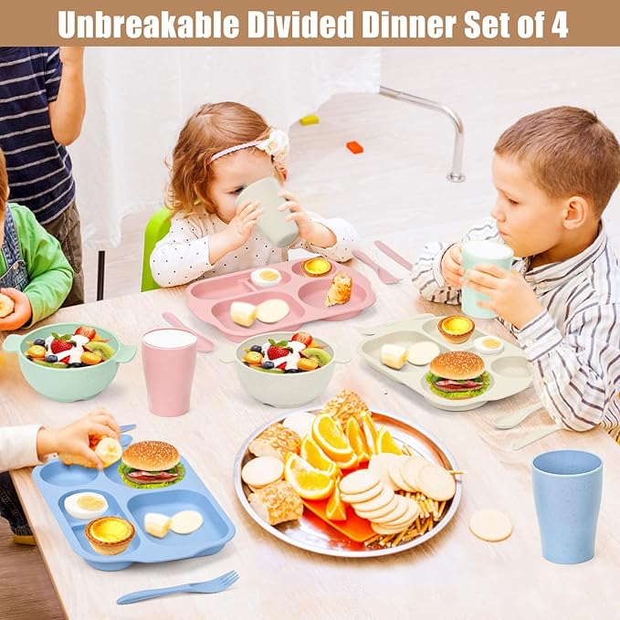 24 PCS Wheat Straw Dinnerware Set for Kids Toddler Plate Bowl Cup Sets Unbreakable BPA-Free Tableware Set with Divided Plate Microwave Dishwasher Safe Perfect for Home School Picnics