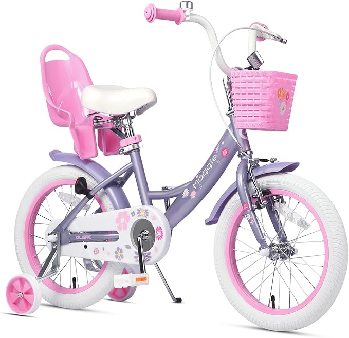 Glerc Maggie Girls Bike, 12-20 Inch Kids Bike for 2-13 Years Old Children, Princess Style Kids Bicycle with Doll-Seat & Basket & Training Wheels, Multiple Colors