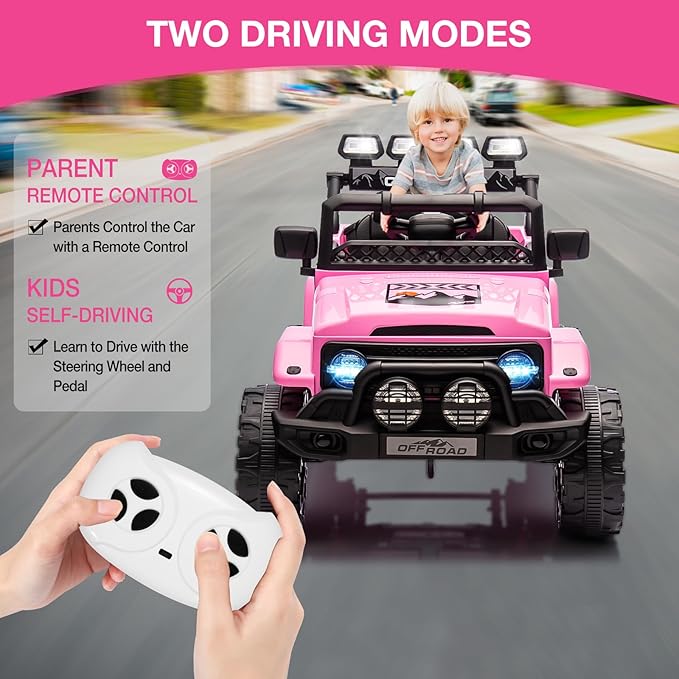 Ride On Truck Car 12V, Electric Vehicle w/Remote Control, 3 Speeds, LED Lights, Music, Spring Suspension, Ride on Car for Kids