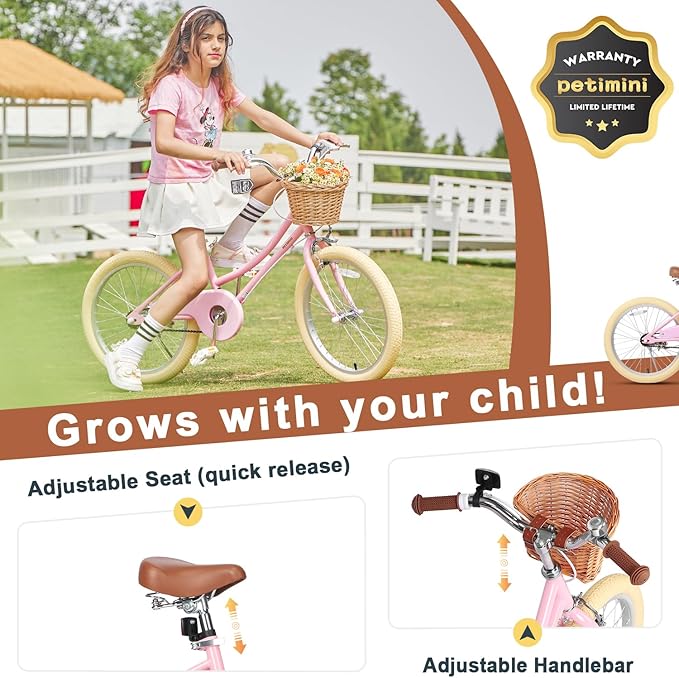 Petimini Girls Bike with Basket for 2-12 Years Old Kids, 12 14 16 18 20 Inch Bicycle with Bell Training Wheels Basket, Multiple Colors