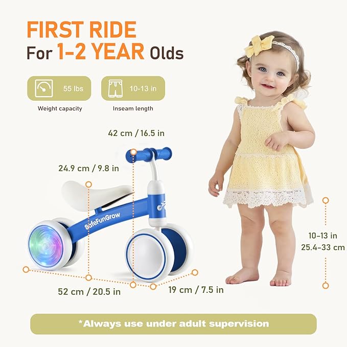 Colorful Lighting Baby Balance Bike Toys for 1 Year Old Boys Gifts, Balance Bike 1 Year Old No Pedal, 12-24 Months Toddler Ride on Toys with 4 Silent Wheels & Soft Seat, 1st Birthday Gifts, Blue