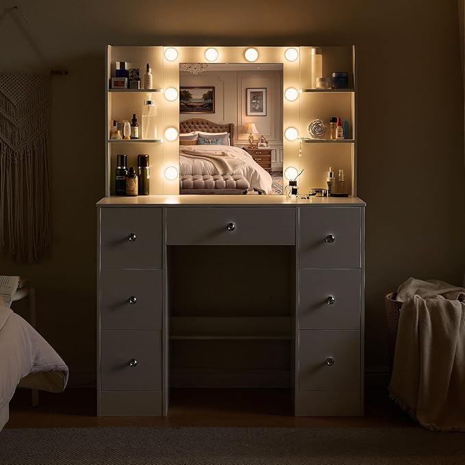 White Vanity Desk with Lighted Mirror, 39.4''W Makeup Vanity with 3-Color Adjustable Brightness, 7 Drawers & Open Shelves, Big Vanity Table for Bedroom, Girls & Women