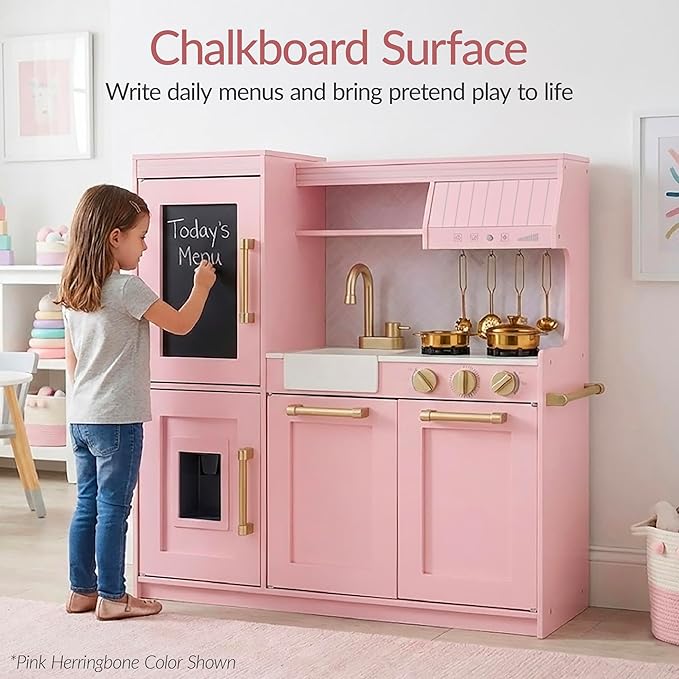 Best Choice Products Pretend Play Kitchen for Kids, Interactive Wooden Toddler Playset, Framed Chalkboard, Toy Storage, 11 Accessories – Pink