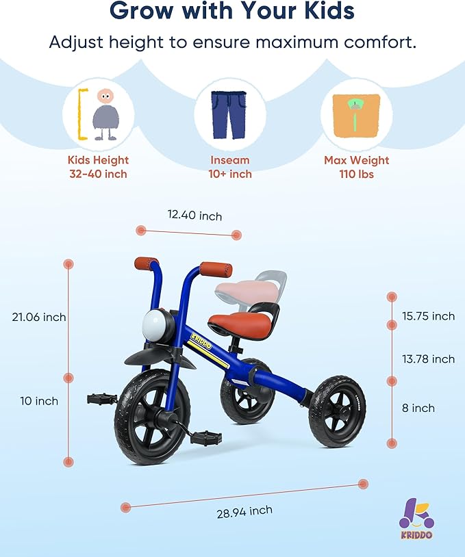KRIDDO 2-in-1 Kids Balance Bike and Kids Tricycle for 2 to 5 Year Old, Toddler Balance Bike with Detachable Pedals, Tricycles for 3-5 Year Olds with Stitched Soft Grip, Blue