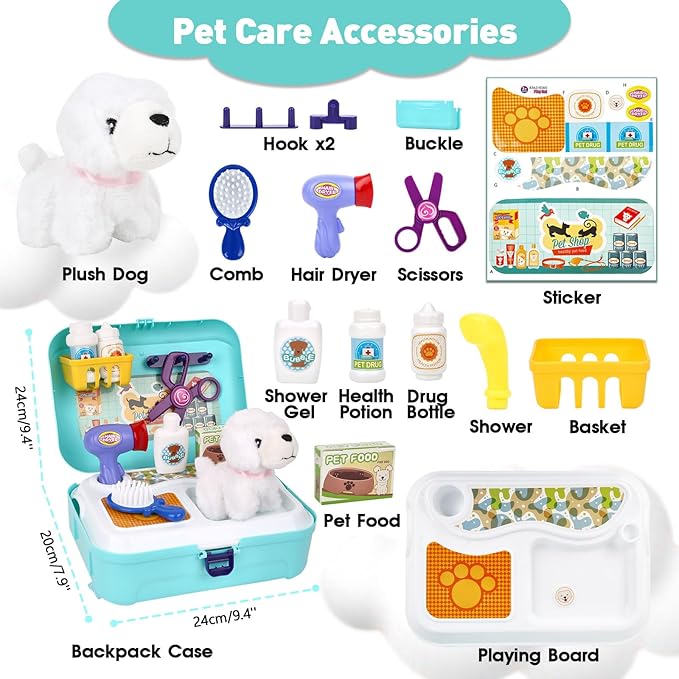 Pet Care Play Set for Kids, 16Pcs Doctor Kit Pretend Play Vet Puppy Dog Grooming & Feeding Toys with Backpack, Educational Toys for Girls and Boys 3-7 Years Old