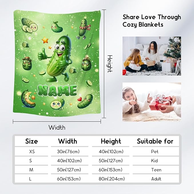 Pickle Blanket - Personalized Boys Girls Blankets Gifts for Pickle Lovers - Soft Flannel Kids Throw with Name for Couch, Bed, Room Decor, 4 Size