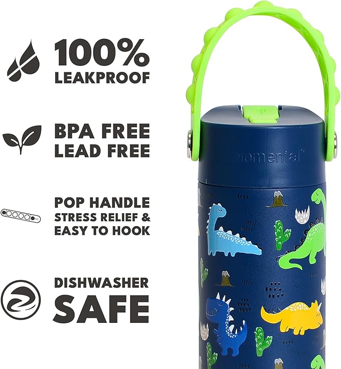 Elemental Insulated Kids Water Bottle, Stainless Steel Water Bottle with Straw Lid & Pop-It Handle, Leak-Proof Water Bottles for School, Boys or Girls, Travelling and Sports, 18oz - Dinosaur