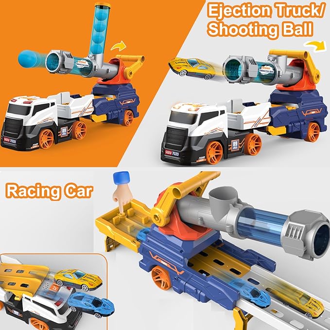 Dwi Dowellin Truck Toys for Kids, 28" Large Car Toys Include 4 Race Cars+6 Soft Foam Balls, with Light & Sounds, Eejection&Shooting Transport Trucks Toy, Gifts for Boys Girls 3 4 5 6 7 8+ Year Old