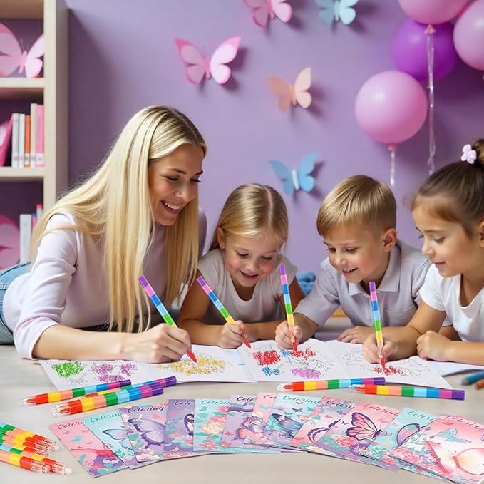 BenLouis 12 Butterfly Mini Coloring Books Kids with 12 Stacking Crayons Butterfly Theme Party Favors Small Activity Books Bulk for Kids Spring Fairy Birthday Party Gift Goodie Bag Stuffers