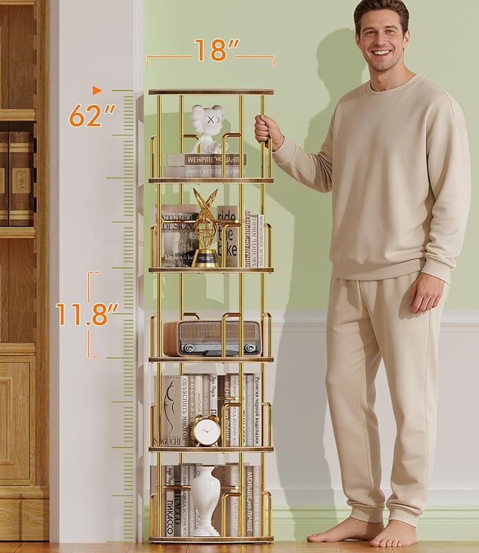 5 Tier Round Rotating Bookshelf Tower Gold,62” Tall Space Saving Spinning Bookshelf with Anti-Tipping Design,Metal Standing Revolving Bookcase Stackable for Small Spaces,Study,Living Room