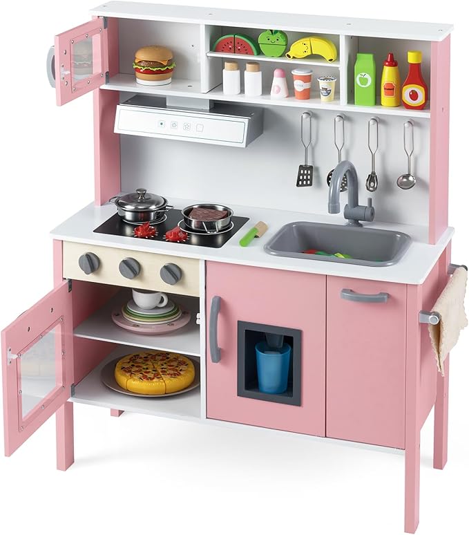 Costzon Kids Kitchen Playset, Wooden Pretend Toddler Kitchen Toy Set w/Sound, Microwave, Oven, Ice Maker, Range Hood, Stoves, Sink & 18 Accessories, Pink Play Kitchen for Girls Ages 3+