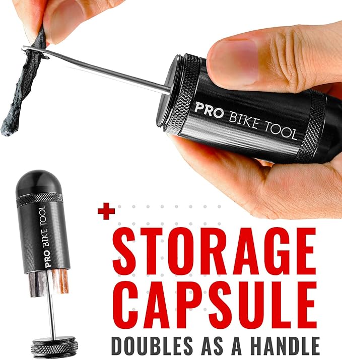 PRO BIKE TOOL Tubeless Bike Tyre Repair Kit – for MTB and Road Bicycle Tyres – Fix a Puncture or Flat, Fast – Tackle Set Includes Storage Canister, Plugger Tool and Plugs