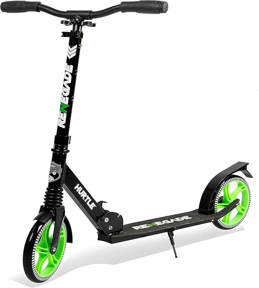 Hurtle Renegade Kick Scooter for Kids, Teenagers & Adults - 2-Wheel Folding Scooter with Adjustable T-Bar Handlebar - Alloy Anti-Slip Deck