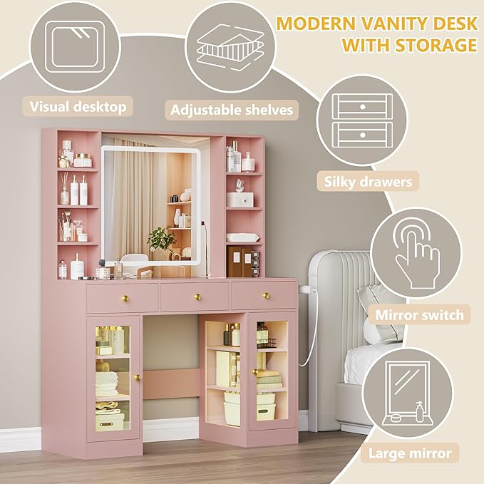 Vanity Desk with Mirror and Lights, White Makeup Vanity with Glass Top & Drawers, 3 Lighting Modes, Power Outlet, RGB Glass Cabinets, Modern Dressing Table for Girls, Women, Teens