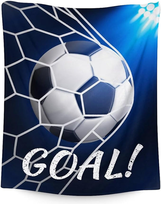 Soccer Blanket for Boys and Girls - 30x40 Inches Lap Size - Soft Fuzzy Cozy Throws Gift for Soccer Team - Blue Sports Throw Blanket for Couch, Living Room & Office