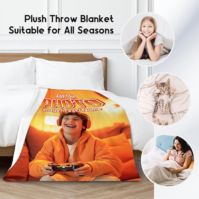 Customized Photo Gifts - Personalized Blanket with Picture Text - Custom Blanket Gifts with Your Design - Personalized Throws for Mom Dad Son Daughter - 40"x50" Soft Warm Flannel Throw