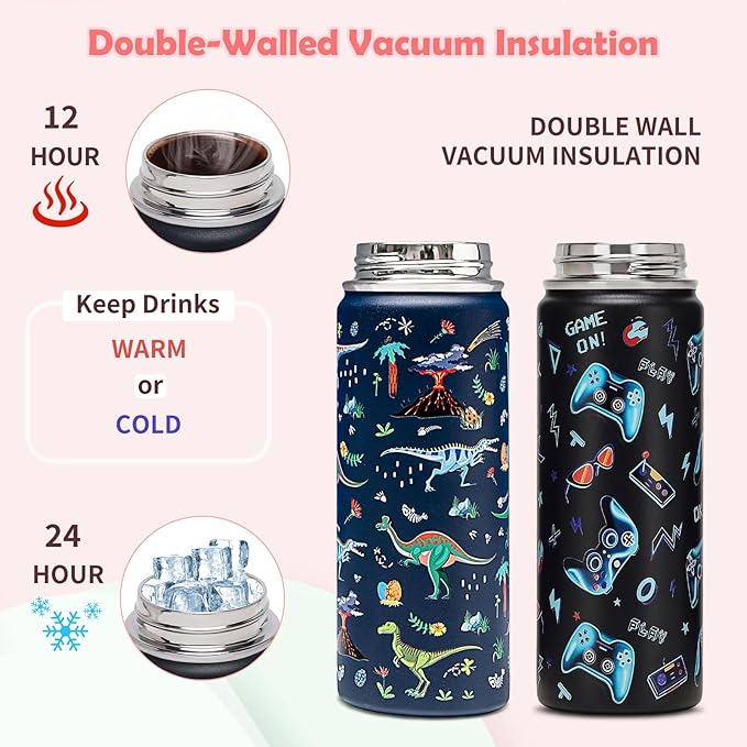 18oz Kids Insulated Water Bottle with Straw Lid - 18/8 Stainless Steel Kid Cup Travel Tumbler Double Wall Vacuum Leak Proof Portable Toddler Water Bottle (Game + Dinosaur)