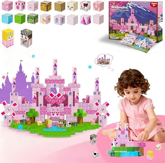 100PCS Magnetic Building Blocks for Kids – Pink Princess Castle Magnetic STEM Toys & Cubes, Squares Sets, Princess Gifts for 3-8 Years Old Girls, Birthday Gifts
