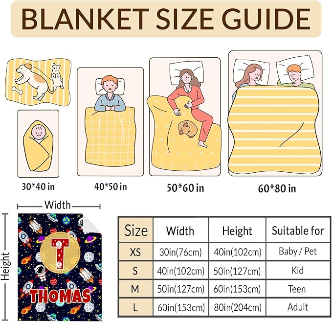 Personalized Blanket Gifts for Kids Boys, Custom Planet Throw Blanket with Initial Letter Soft Cozy Fuzzy Bed Throws, 4 Sizes Optional Kids Blankets for Couch Sofa Bed