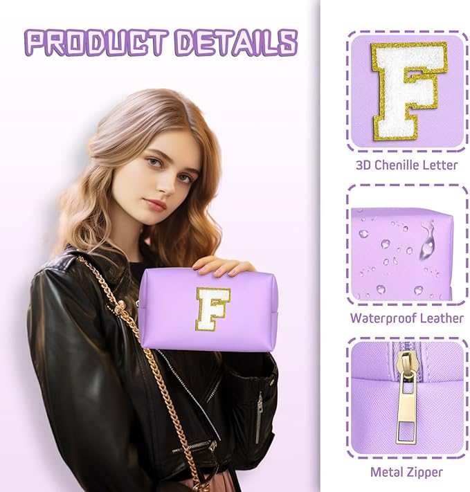 TOPEAST Initial Cosmetic Bag for Women, Preppy Small Makeup Bag, PU Leather Waterproof Toiletry Bag, Monogrammed Birthday Gifts for Women, Stuff for girls (Purple S)