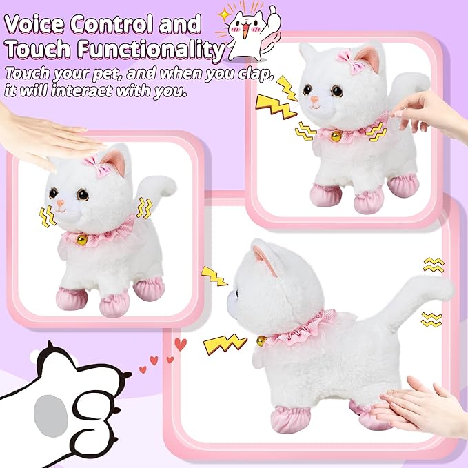 Interactive Electronic Plush Toy Walking and Barking Robot Cat Plush Cat Remote Control Kitten for Girls (White Cat)