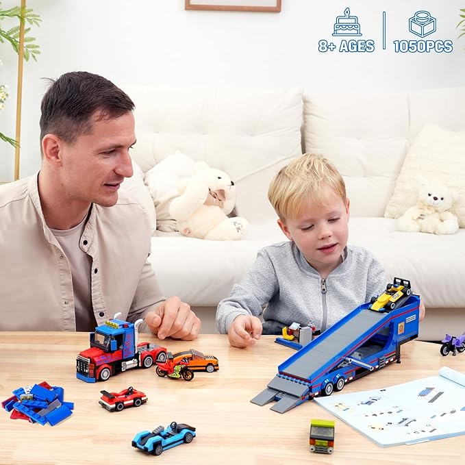 City Transporter Truck Building Set with 7 Sports Cars - Adjustable Loading Ramp Tow Semi Truck with Carrier & Trailer Building Toy Pretend Play Birthday Gifts for Kids Boys Girls Aged 8-14