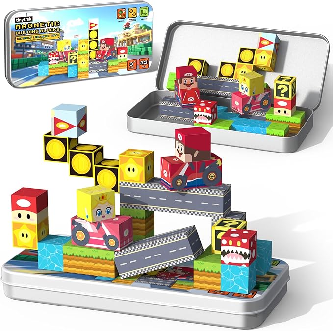35 PCS Mini Magnetic Tiles Travel Set with Portable Iron Storage Box, STEM Educational Magnetic Building Blocks for Kids Ages 3-8, Montessori Sensory Toys Gifts for Toddler, Boys & Girls