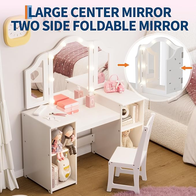 Kids Vanity with Lights,Princess Makeup Desk and Chair with Tri-Fold Mirror,Open Bookshelf, Storage Cabinet,Toddler Vanity,Pretend Play Dressing Table for Little Girls,White