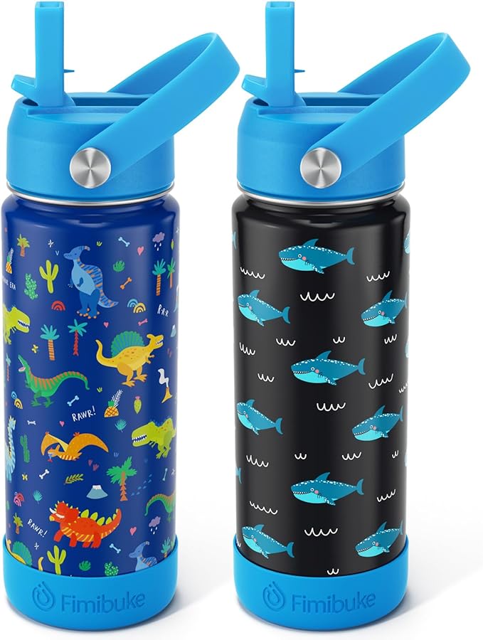 Fimibuke Kids Insulated Water Bottle, 18oz BPA FREE Kids Cups with Straw Double Wall Vacuum Tumbler 18/8 Stainless Steel Leak Proof Toddler Water Bottle for School Boys Girls (2 Pack, Dinosaur/Shark)
