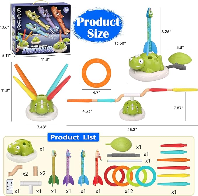 Indoor Outdoor Games for Kids, 3 in 1 Musical Jump, Ring Toss Game & Stomping Rocket Launcher for Kids, Dinosaur Sports & Outside Play Activities Toys with Remote Control for Toddlers 3-5 4-8