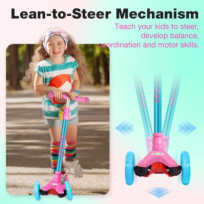 BELEEV Scooters for Kids 3 Wheel Kick Scooter for Toddlers Girls Boys, 4 Adjustable Height, Lean to Steer, Light up Wheels, Extra-Wide Deck, Easy to Assemble for Children Ages 3-12 (Rose Pink)