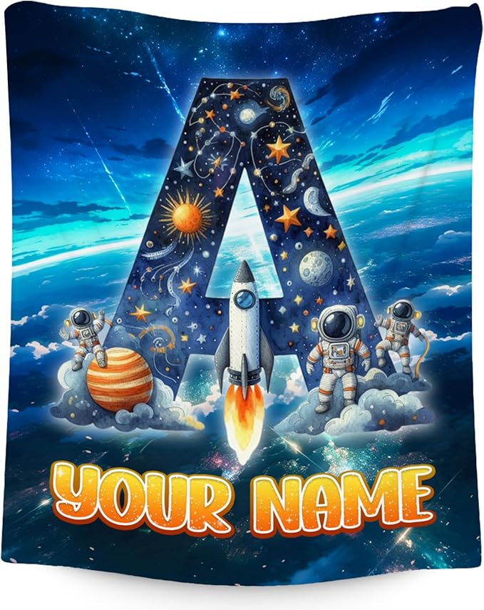 Boys Blanket - Personalized Planet Gifts with Name for Kids - Custom Monogram Blanket for Son Daughter - Warm Fuzzy Flannel Throws - 4 Sizes for Toddler/Children/Teens/Adults