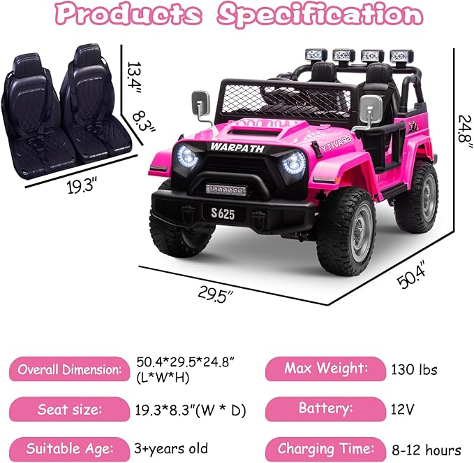 OTTARO Ride on Cars Vehicles 2 Seater, Battery Powered 12V Large Electric Truck for Kids with Remote Control, Spring Suspension, LED Lights, Music(Pink)