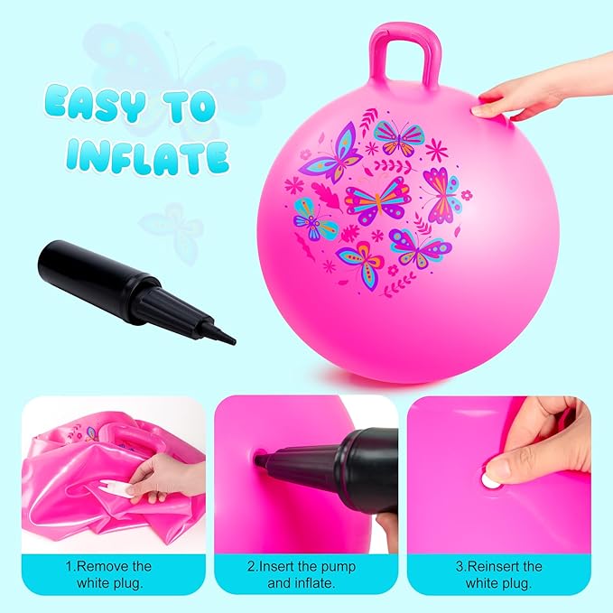 PlayZap Hopper Ball for Kids 3-8,18 Inch Pink Bouncy Ball with Handle, Inflatable Hippity Hop Bounce Hopping Toys Indoor Outdoor for Boys Girls Gifts, Butterfly