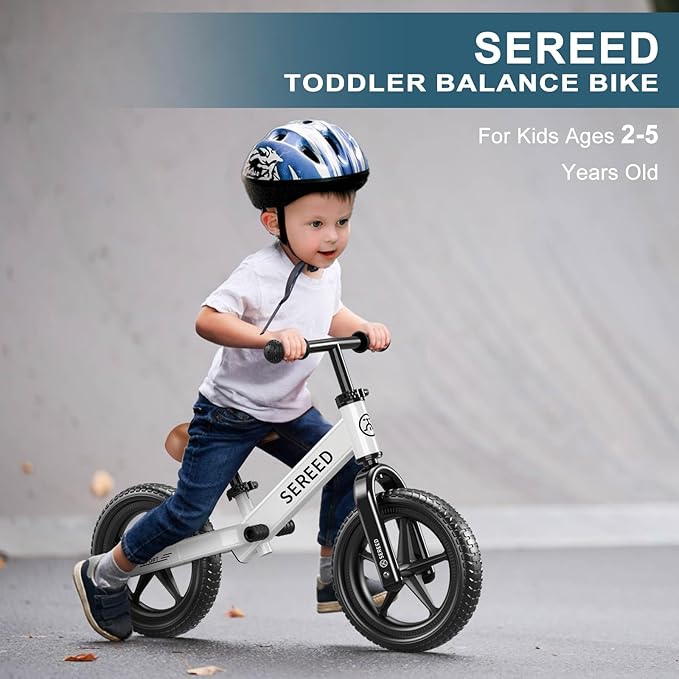 SEREED Toddler Balance Bike 2 Year Old, No Pedal Kids Toy Bike for 2-5 Years Old, Tool-Free Adjustment, Gift for 2-3 Boys Girls, Customize Plate with 3pcs Stickers (White)