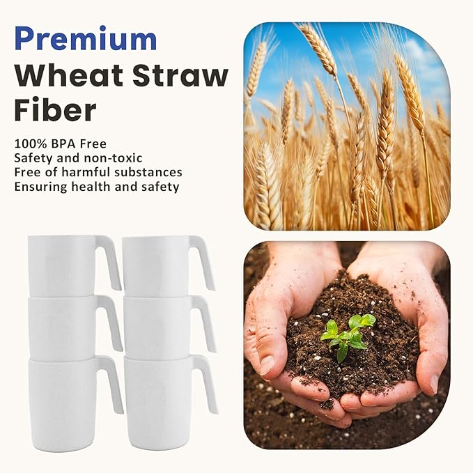 Homienly Wheat Straw Coffee Mugs Set of 6, Lightweight and Unbreakable Coffee Mugs with Handles, Alternatives to Plastic Coffee Mug, Microwave and Dishwasher Safe Cups for Kitchen, Tea - White