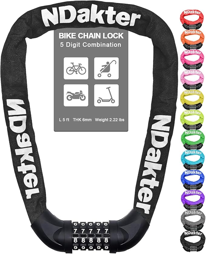 NDakter Bike Chain Lock, 5 Digit Combination Heavy Duty Anti Theft Bicycle Chain Lock,2.62/3.2/4.27/5/6Ft Long Security Resettable Bike Locks for Bike, Bicycle, Scooter, Door, Gate, Fence-4/6mm Thick
