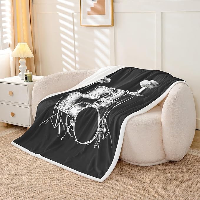 Drum Kit Plush Fleece Throw Blanket for Sofa Couch Bed - Rock Music Themed Sherpa With Musical Pattern - Fuzzy Room Decor - 40x50 Inch