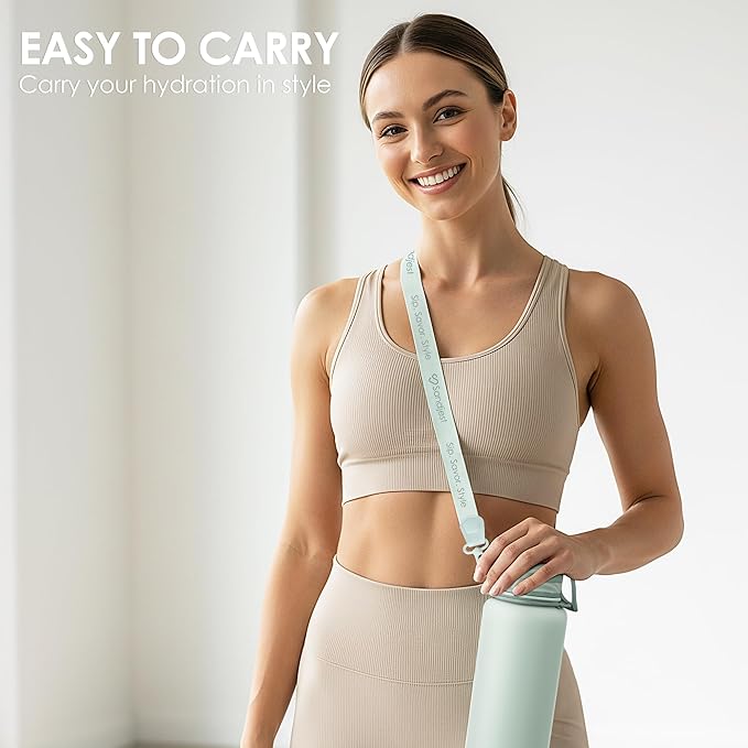 SANDJEST Stainless Steel Water Bottle with Strap 32oz, Insulated Bottles with Straw and Spout Lid for Gym Sports Travel Outdoor, Gifts for Women Girls Birthday Christmas (Green)