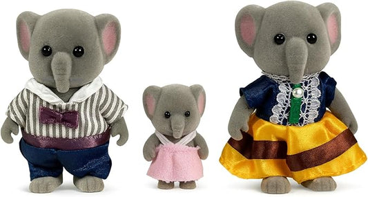Family Gray Elephant Figures — Set of 3 Collectible Flocked Mini Dolls with Removable Clothes, Miniature Dollhouse Pretend Play Figures for Kids Ages 3+