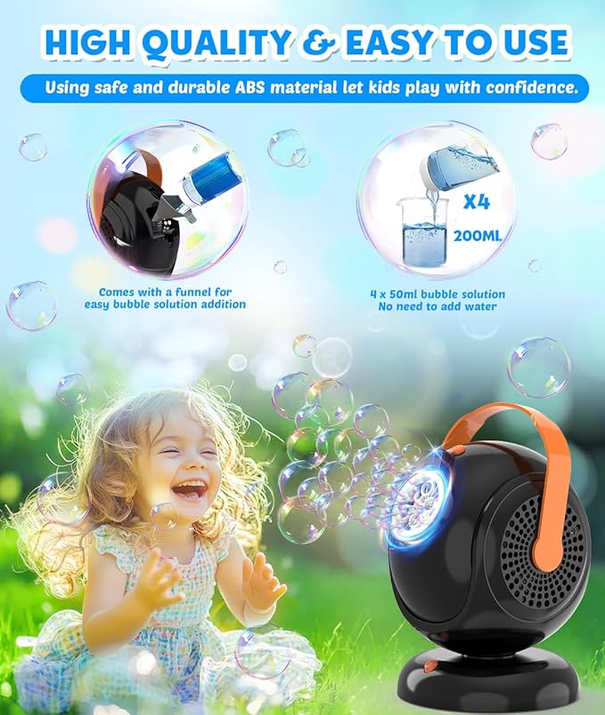 Joyfuture Automatic Bubble Machine, Black Bubbles Blower for Kids, Toddlers - 360° Rotation, 75° Adjustment, with LED Light - Gifts for Boys, Girls, Outdoor, Birthday, Party